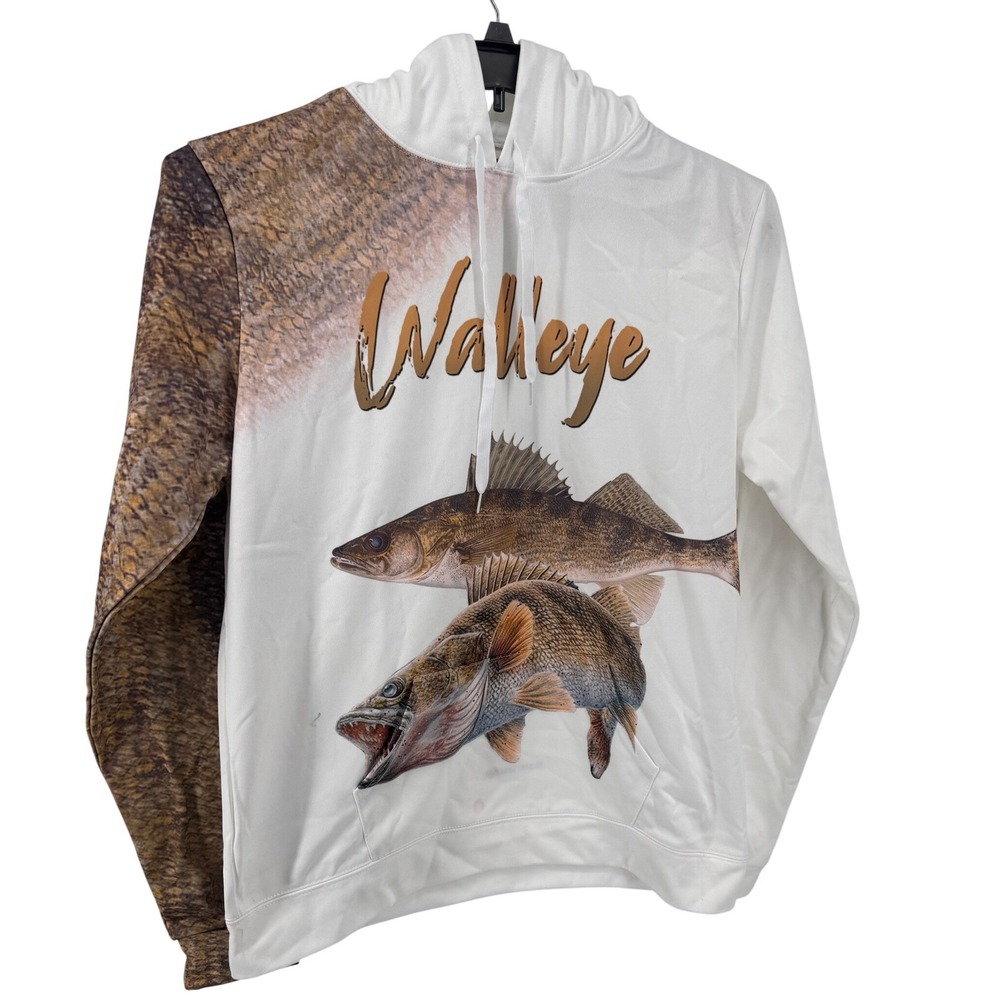Zootop Walleye Fish Graphic Hoodie Men's XL White‎ Hooded Sweatshirt